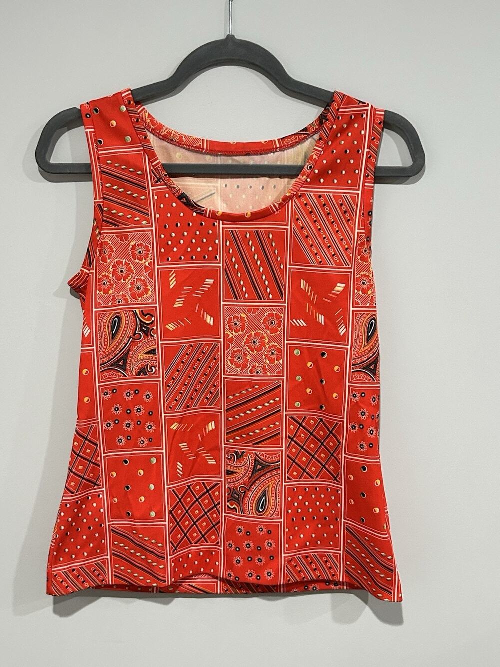 Douglas Marc VTG 70s Red Patchwork Bandana Print Sleeveless Tank Top Boho S 9/10